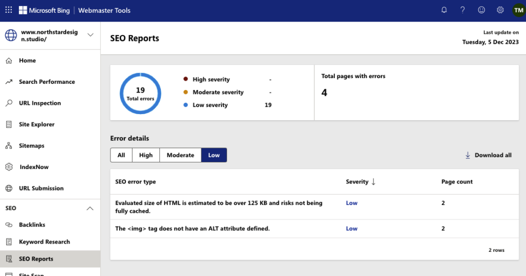 bing SEO Reports and Diagnostic Tools