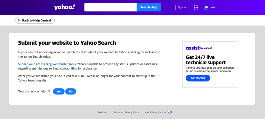 Submit your website to Yahoo Search via Bing Webmaster Tools