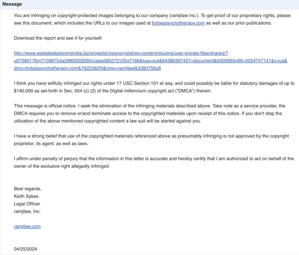 geenral strucutre of a copyright infringement scam message.