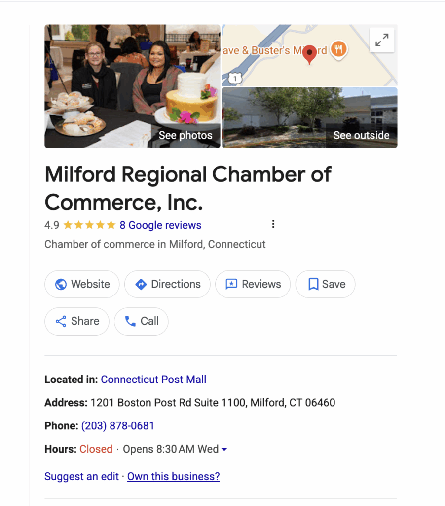 Image of the Milford Chamber of Business GBP card demonstrating the 'won this business' option