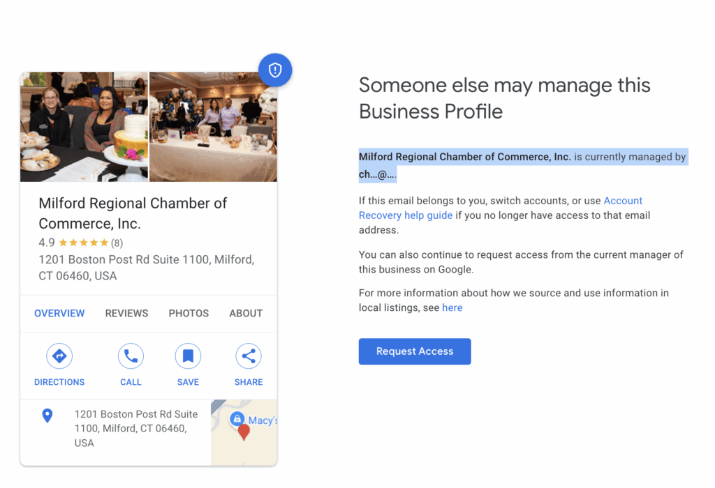 Visual showing how after selecting "own this business?" in the GBP Card, you can see the aprtial email of the account owner
