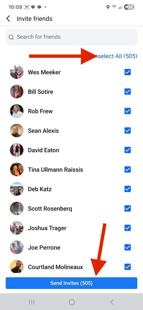 screenshot on mobile device showing how to select 'all' your friends on facebook to send them invites to follow a specific page