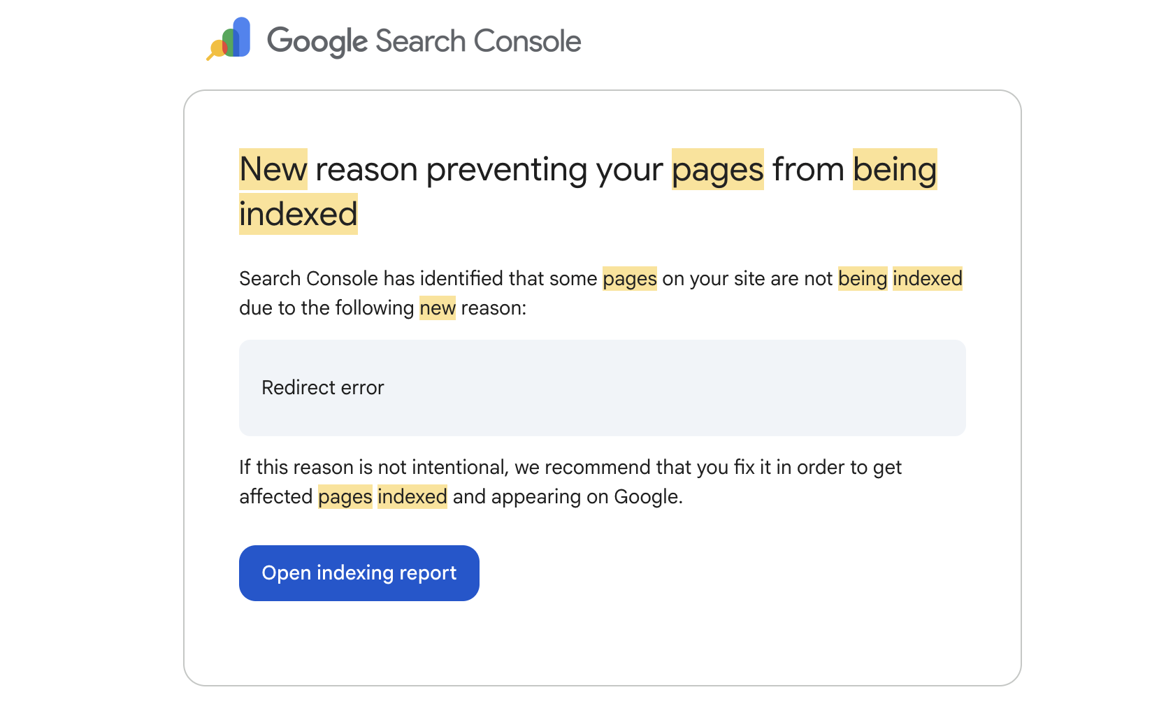 New reasons prevent pages from being indexed