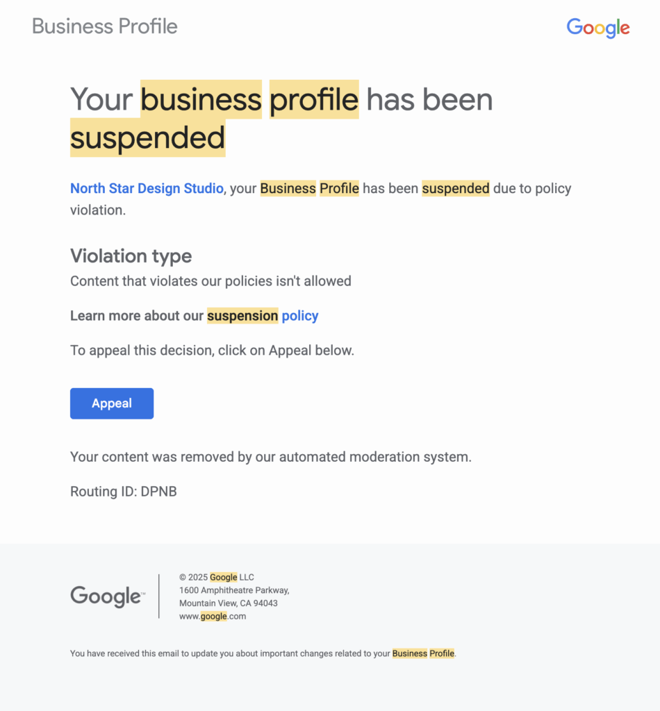 image of google's suspension letter